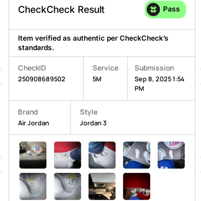 Certificate of Authenticity for an Air Jordan Jordan 3 with CheckCheck verification details.